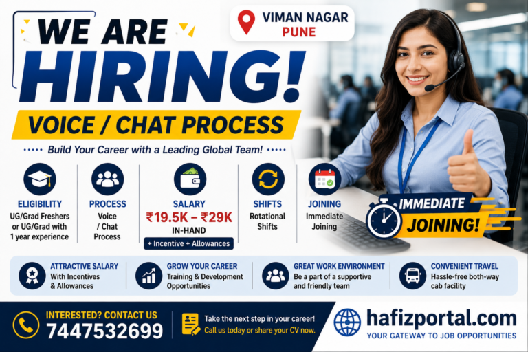 Voice and Chat Process job vacancy in Viman Nagar, Pune for UG and graduate freshers and experienced candidates, offering ₹19,500 to ₹29,000 in-hand salary, incentives, rotational shifts, immediate joining, and both-way cab facility.