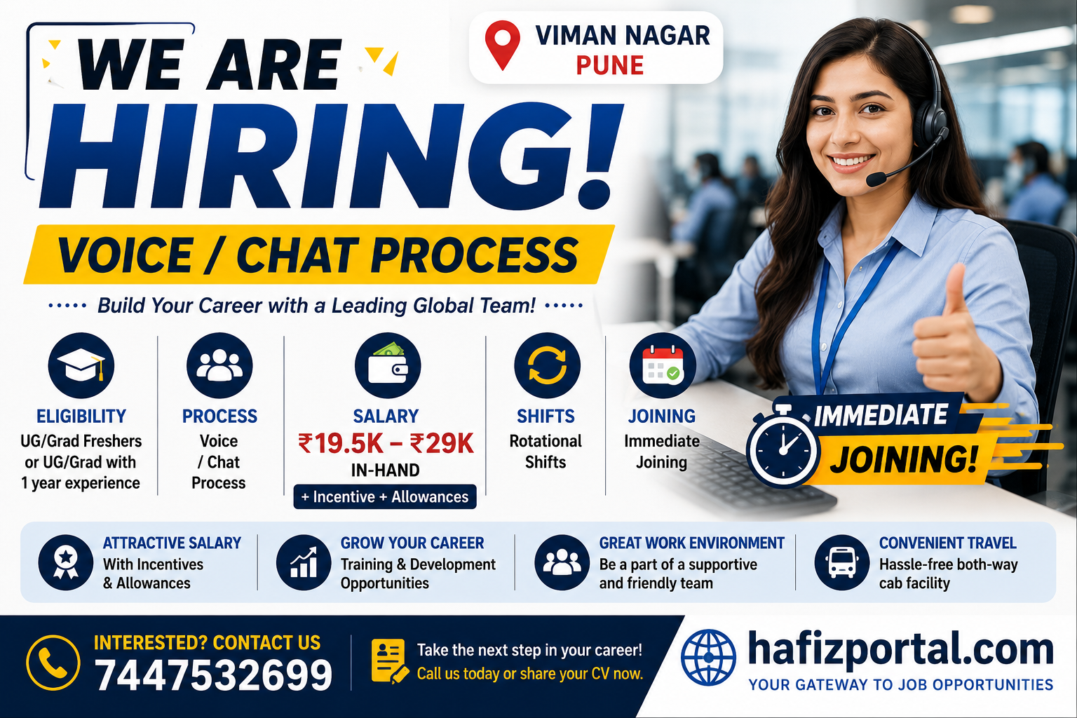 Voice and Chat Process job vacancy in Viman Nagar, Pune for UG and graduate freshers and experienced candidates, offering ₹19,500 to ₹29,000 in-hand salary, incentives, rotational shifts, immediate joining, and both-way cab facility.