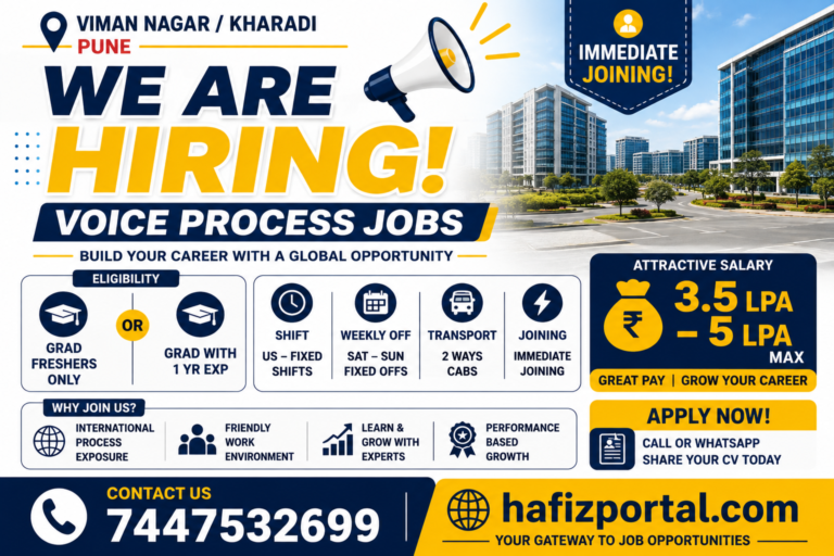Voice Process Jobs in Viman Nagar and Kharadi, Pune for graduates and freshers with salary of ₹3.5 LPA to ₹5 LPA, fixed US shifts, weekend offs and two-way cab facility.