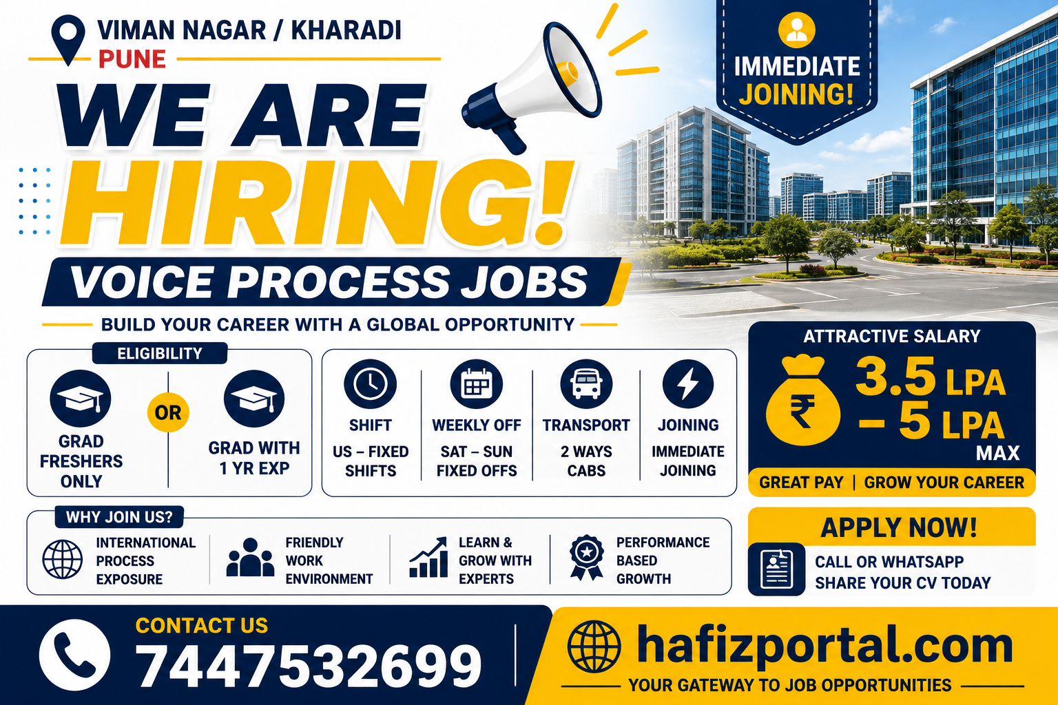 Voice Process Jobs in Viman Nagar and Kharadi, Pune for graduates and freshers with salary of ₹3.5 LPA to ₹5 LPA, fixed US shifts, weekend offs and two-way cab facility.