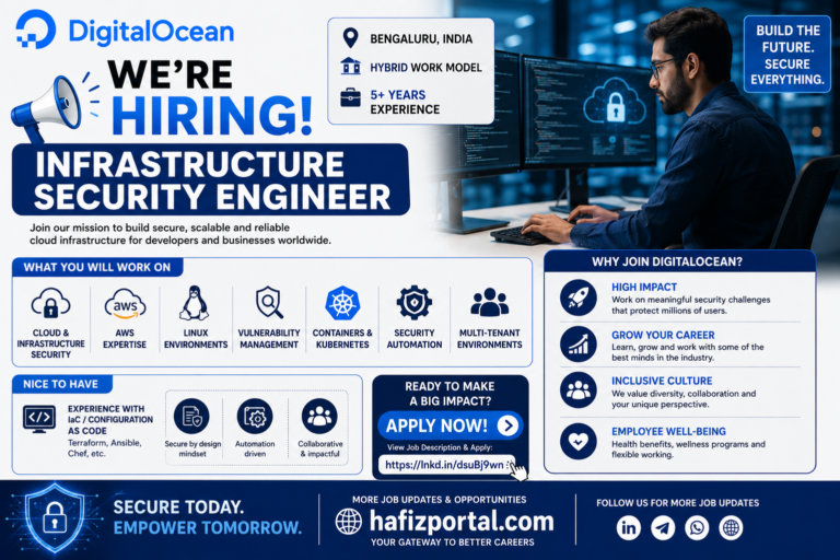 DigitalOcean Infrastructure Security Engineer hiring in Bengaluru for candidates with 5+ years of experience in cloud security, AWS, Linux, Kubernetes, vulnerability management, and security automation.