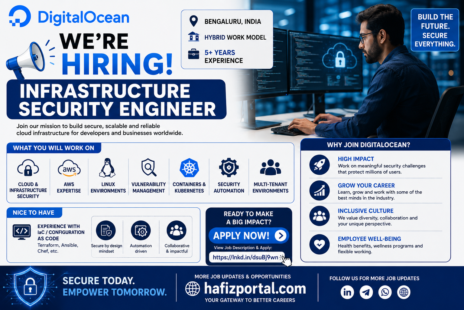 DigitalOcean Infrastructure Security Engineer hiring in Bengaluru for candidates with 5+ years of experience in cloud security, AWS, Linux, Kubernetes, vulnerability management, and security automation.
