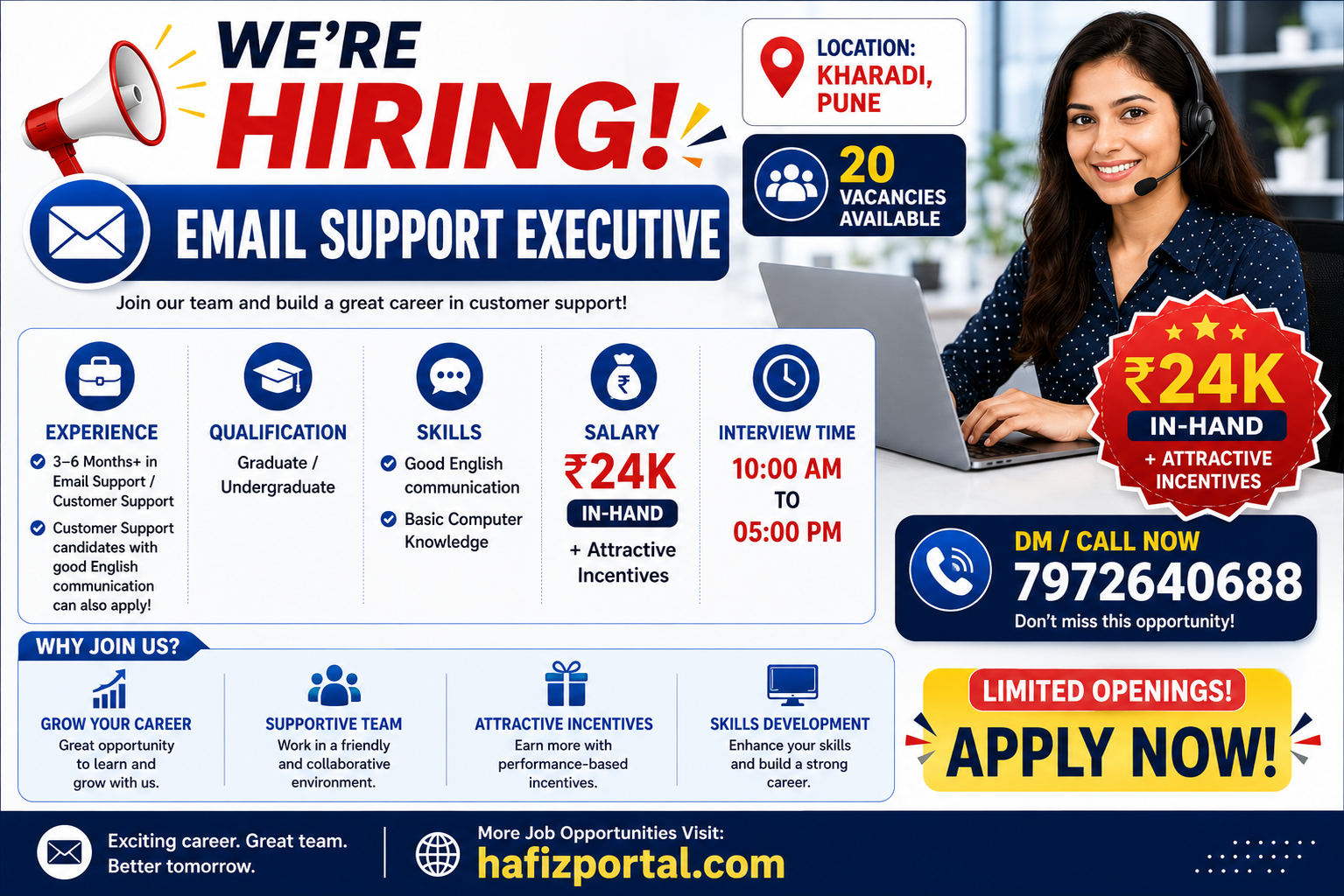 Email Support Executive job hiring in Kharadi, Pune with 20 vacancies, ₹24,000 in-hand salary, attractive incentives, and opportunities for graduates and undergraduates.