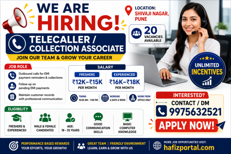 Telecaller and Collection Associate job vacancy in Shivaji Nagar, Pune, offering salaries up to ₹18,000 per month, unlimited incentives, and opportunities for freshers and experienced candidates.