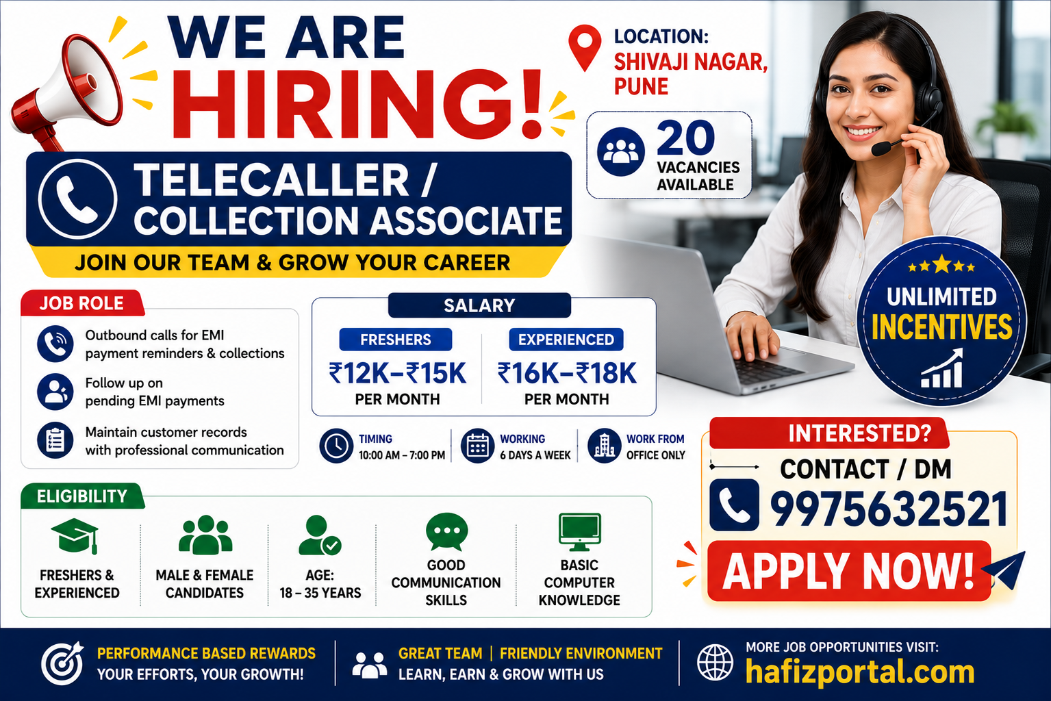 Telecaller and Collection Associate job vacancy in Shivaji Nagar, Pune, offering salaries up to ₹18,000 per month, unlimited incentives, and opportunities for freshers and experienced candidates.