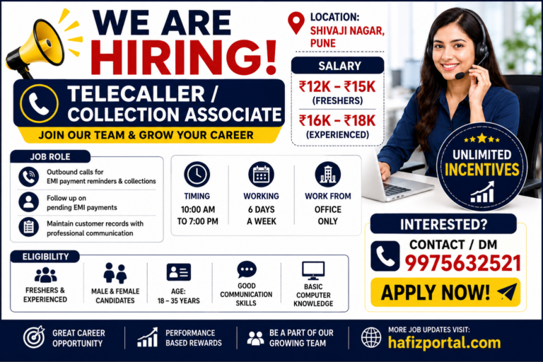We Are Hiring Telecaller and Collection Associate jobs in Shivaji Nagar, Pune with salary up to ₹18,000, unlimited incentives, and immediate joining opportunities.