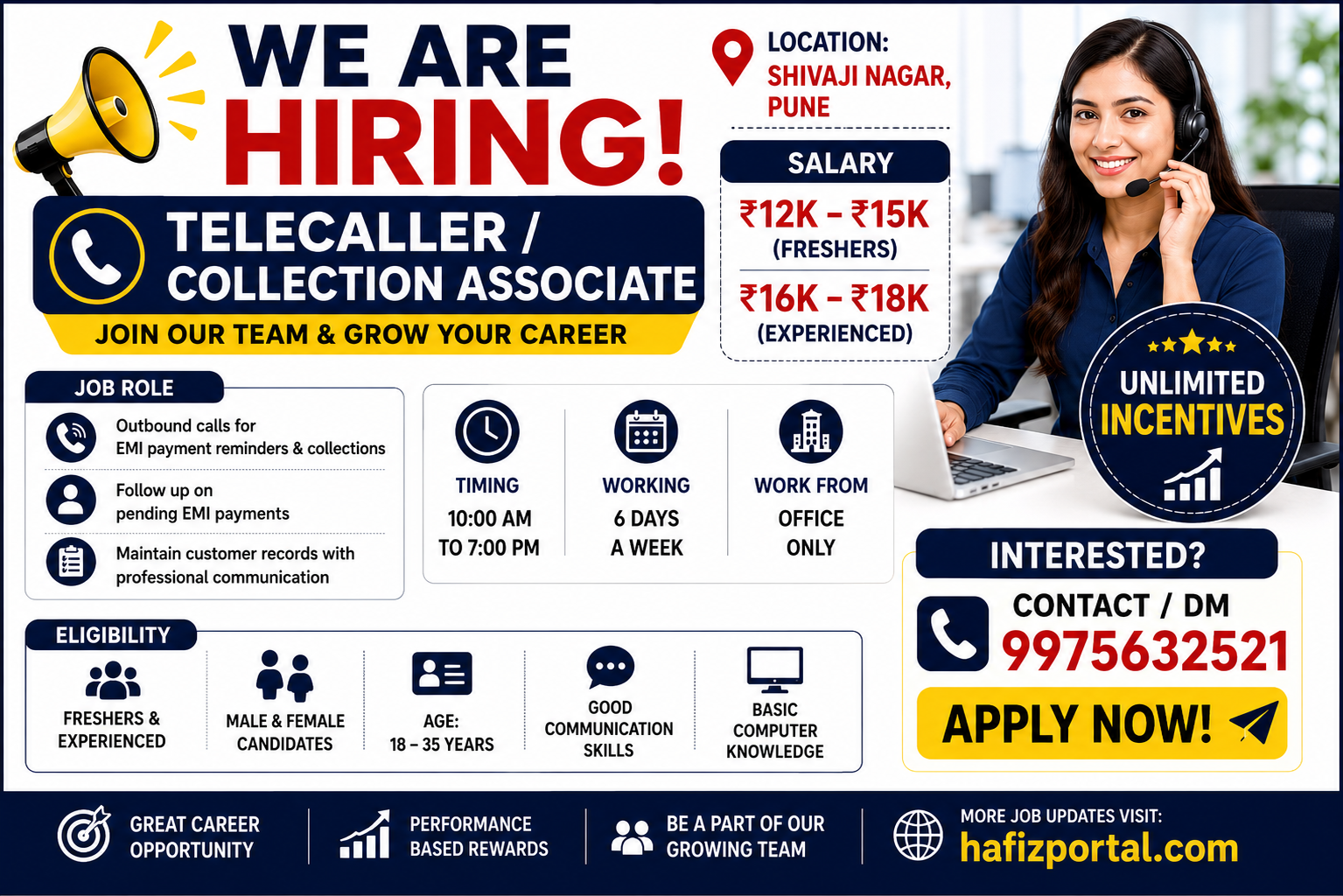 We Are Hiring Telecaller and Collection Associate jobs in Shivaji Nagar, Pune with salary up to ₹18,000, unlimited incentives, and immediate joining opportunities.