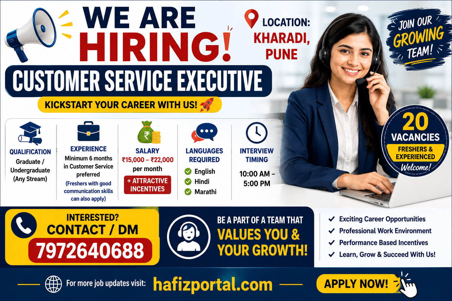 Customer Service Executive job openings in Kharadi, Pune with 20 vacancies for freshers and experienced candidates, offering a salary of ₹15,000 to ₹22,000 per month plus incentives.