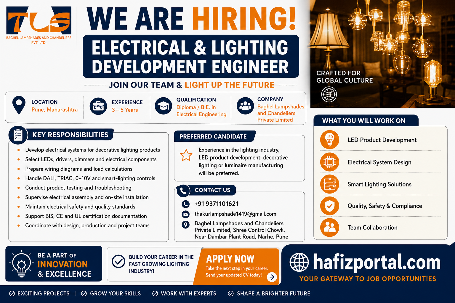 Electrical and Lighting Development Engineer job vacancy in Pune at Baghel Lampshades and Chandeliers Private Limited, showing qualification, experience, responsibilities and contact details.