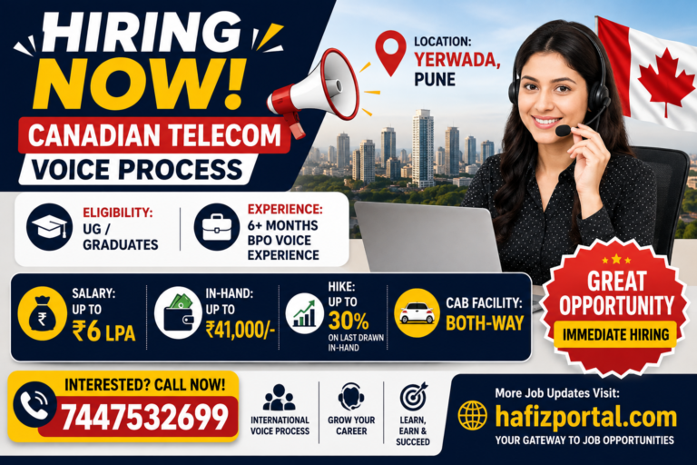 Canadian Telecom Voice Process job hiring in Yerwada, Pune for graduates with BPO voice experience, offering up to ₹6 LPA salary, up to ₹41,000 in-hand salary, two-way cab facility and immediate joining.