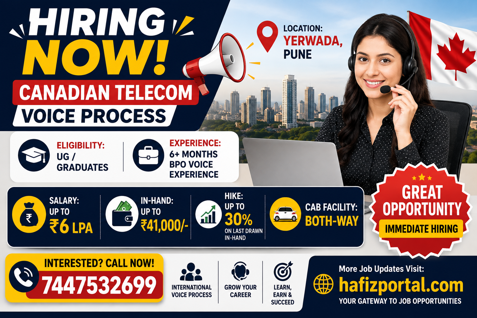 Canadian Telecom Voice Process job hiring in Yerwada, Pune for graduates with BPO voice experience, offering up to ₹6 LPA salary, up to ₹41,000 in-hand salary, two-way cab facility and immediate joining.