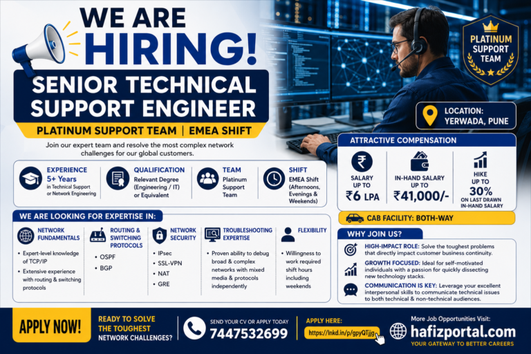 Senior Technical Support Engineer hiring poster for the Platinum Support Team, EMEA shift, featuring network troubleshooting, TCP/IP, OSPF, BGP, IPsec, SSL-VPN, NAT and GRE expertise, with 5+ years of experience required.