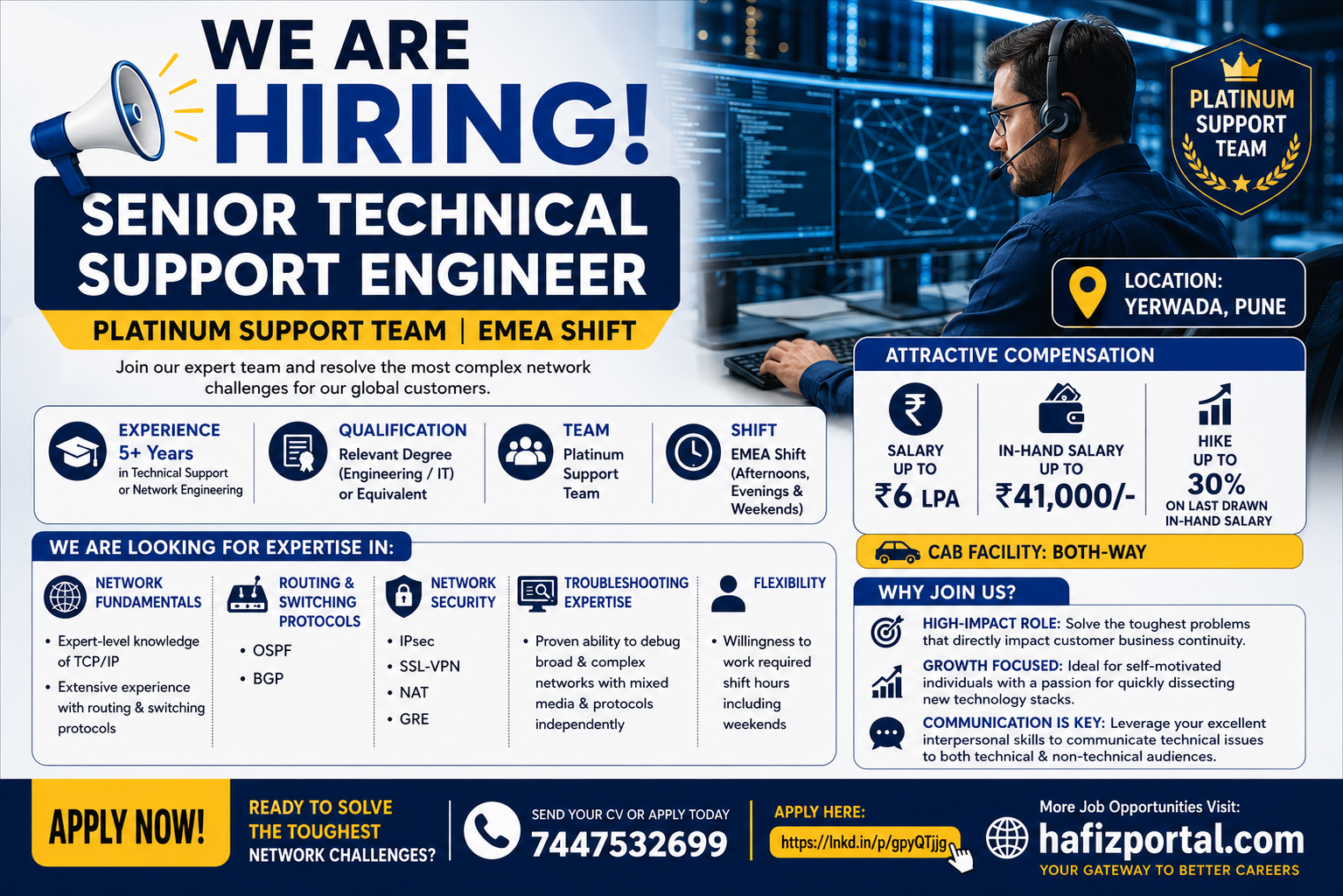Senior Technical Support Engineer hiring poster for the Platinum Support Team, EMEA shift, featuring network troubleshooting, TCP/IP, OSPF, BGP, IPsec, SSL-VPN, NAT and GRE expertise, with 5+ years of experience required.