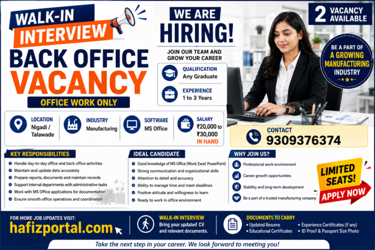 Back Office Vacancy walk-in interview in Nigdi/Talawade for manufacturing industry graduates with 1 to 3 years of experience, offering ₹20,000 to ₹30,000 in-hand salary.