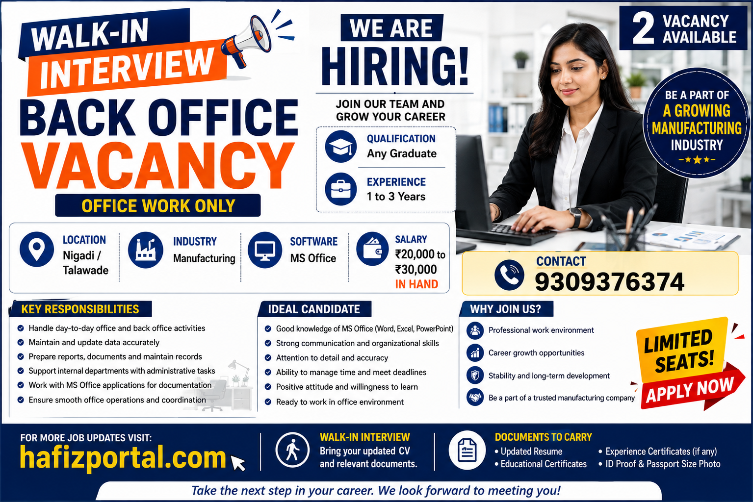 Back Office Vacancy walk-in interview in Nigdi/Talawade for manufacturing industry graduates with 1 to 3 years of experience, offering ₹20,000 to ₹30,000 in-hand salary.