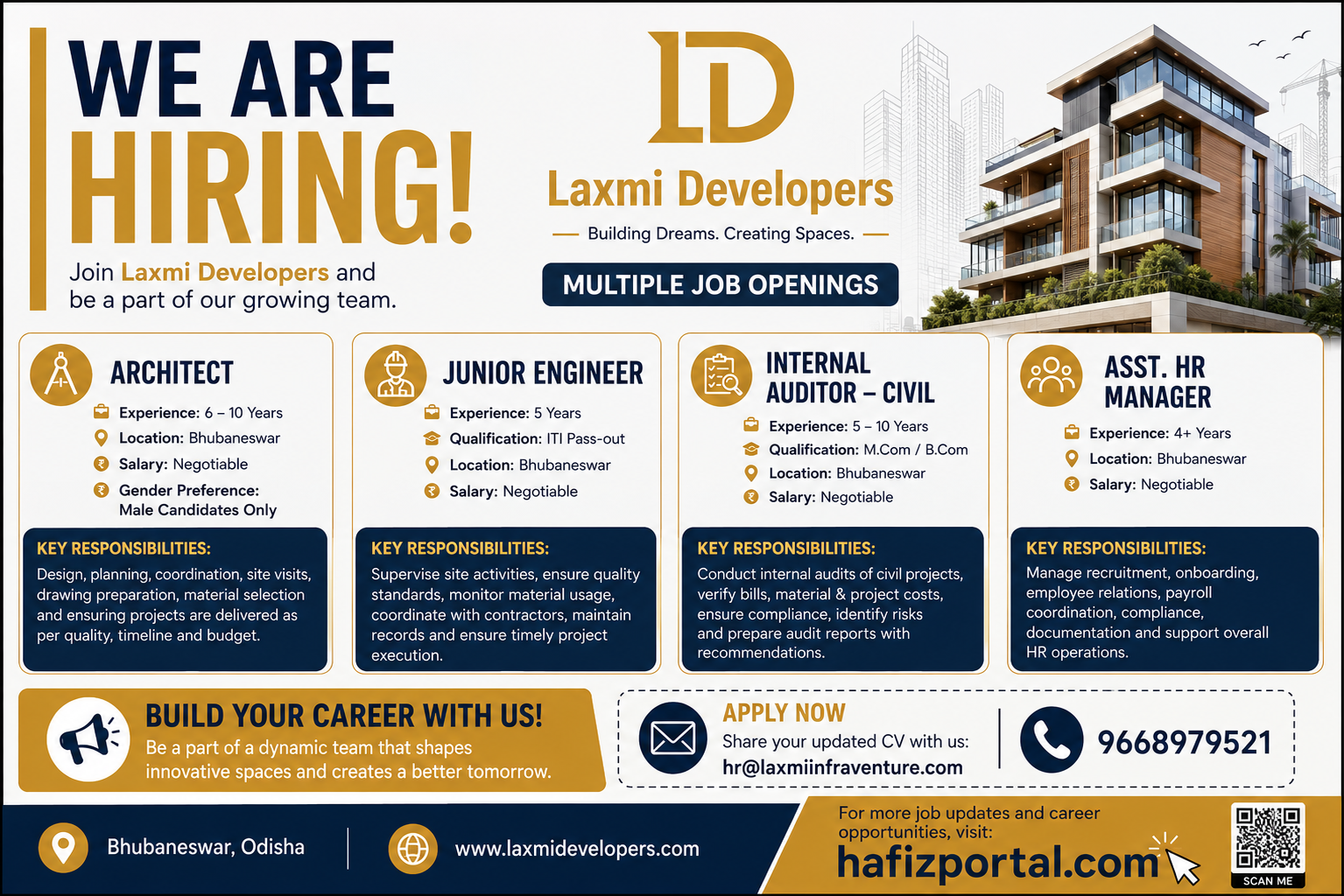 Laxmi Developers hiring multiple job positions in Bhubaneswar, including Architect, Junior Engineer, Internal Auditor Civil, and Assistant HR Manager.