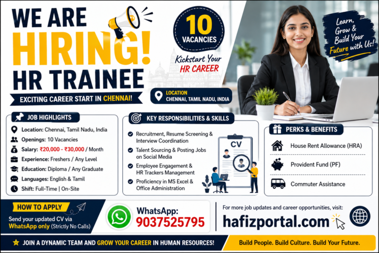 HR Trainee job vacancy in Chennai with 10 openings for freshers and graduates, offering a salary of ₹20,000 to ₹30,000 per month.
