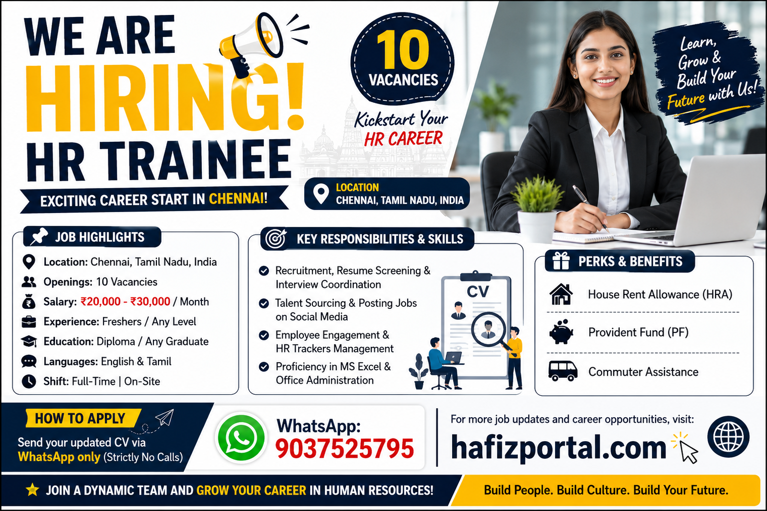 HR Trainee job vacancy in Chennai with 10 openings for freshers and graduates, offering a salary of ₹20,000 to ₹30,000 per month.