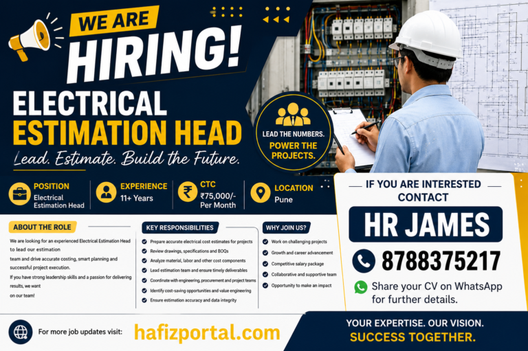 Electrical Estimation Head recruitment poster for a senior electrical engineering job in Pune, requiring 11+ years of experience and offering ₹75,000 per month CTC, with HR James contact details and hafizportal.com.