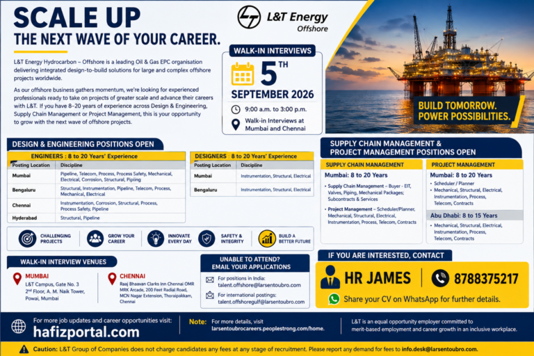 L&T Energy Offshore recruitment poster announcing walk-in interviews on 5 September 2026 in Mumbai and Chennai for experienced engineering, design, supply chain management and project management professionals.