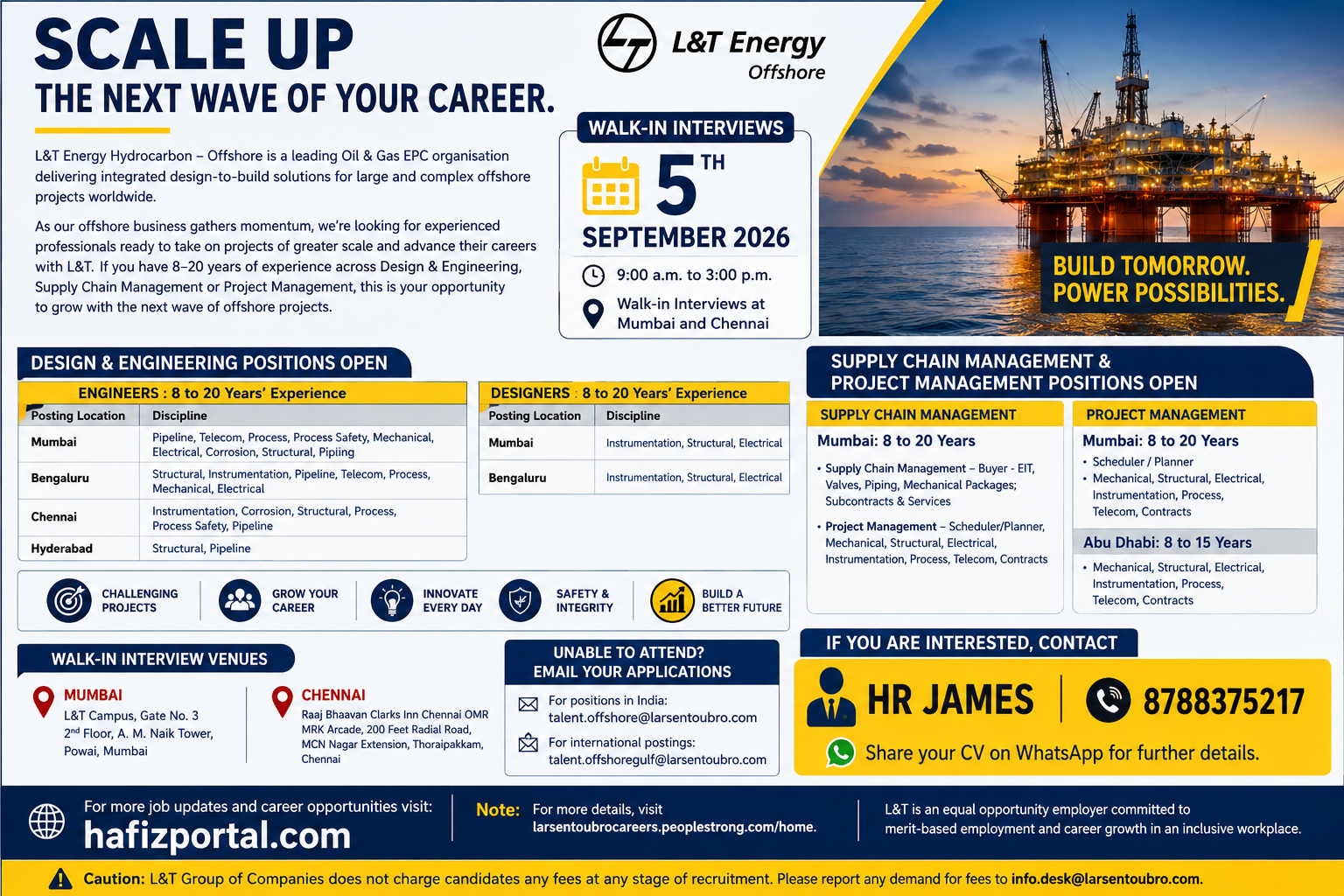 L&T Energy Offshore recruitment poster announcing walk-in interviews on 5 September 2026 in Mumbai and Chennai for experienced engineering, design, supply chain management and project management professionals.