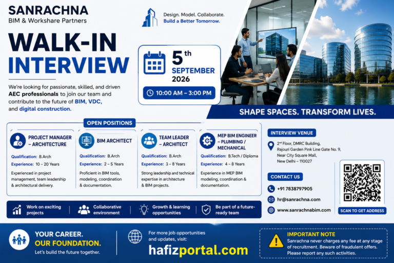 Sanrachna BIM Walk-In Interview 2026 recruitment poster for Project Manager Architecture, BIM Architect, Team Leader Architect and MEP BIM Engineer positions, scheduled on 5 September 2026.