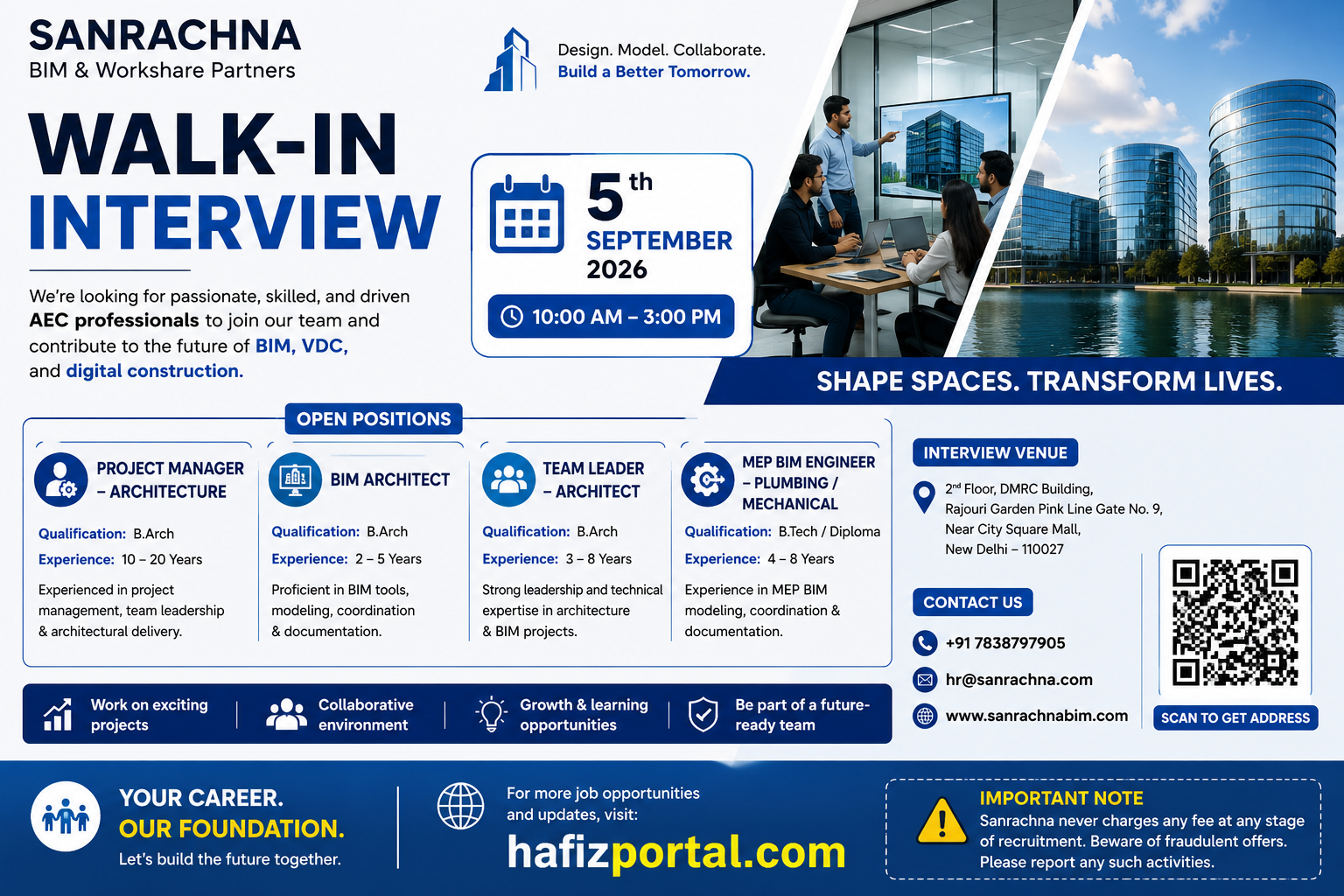 Sanrachna BIM Walk-In Interview 2026 recruitment poster for Project Manager Architecture, BIM Architect, Team Leader Architect and MEP BIM Engineer positions, scheduled on 5 September 2026.