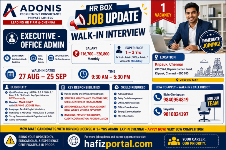 Adonis Recruitment Consultants recruitment poster for Executive Office Admin job vacancy in Kilpauk, Chennai, with a walk-in interview from 27 August to 25 September.