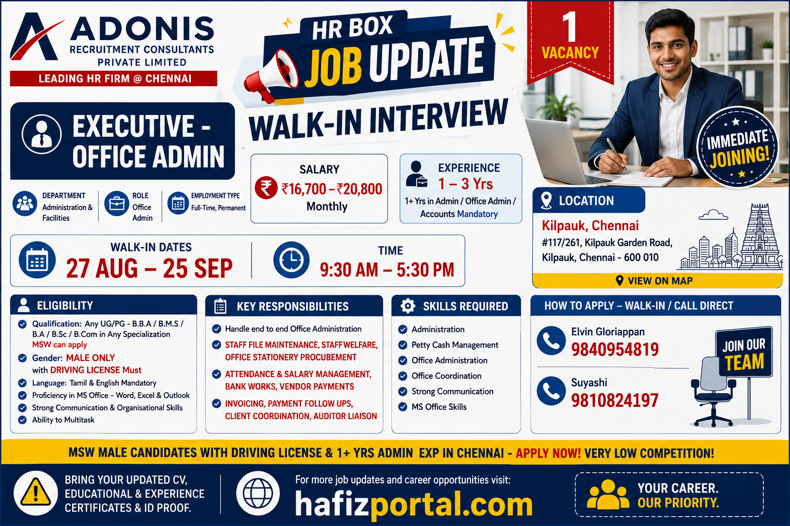 Adonis Recruitment Consultants recruitment poster for Executive Office Admin job vacancy in Kilpauk, Chennai, with a walk-in interview from 27 August to 25 September.