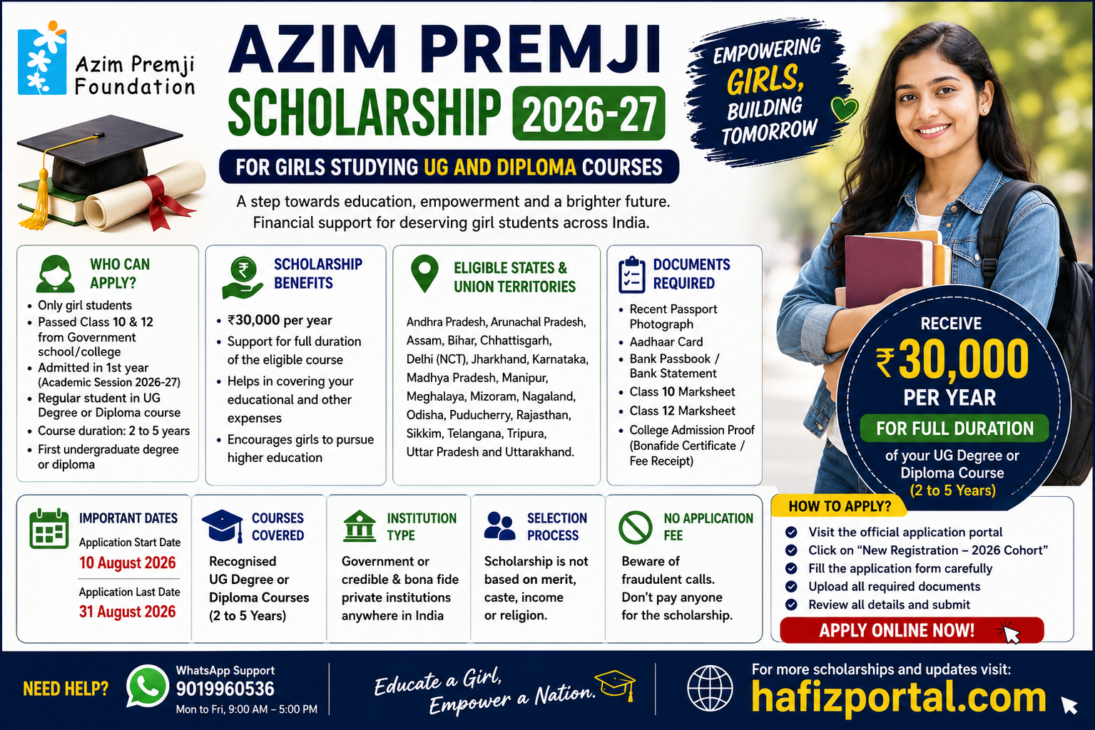 Azim Premji Scholarship 2026-27 for girl students offering ₹30,000 per year for eligible UG and diploma courses across India.