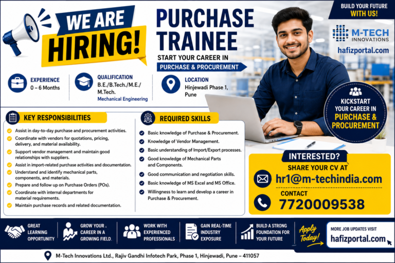 Purchase Trainee Job Vacancy in Hinjewadi Phase 1, Pune for Mechanical Engineering candidates with 0–6 months experience.