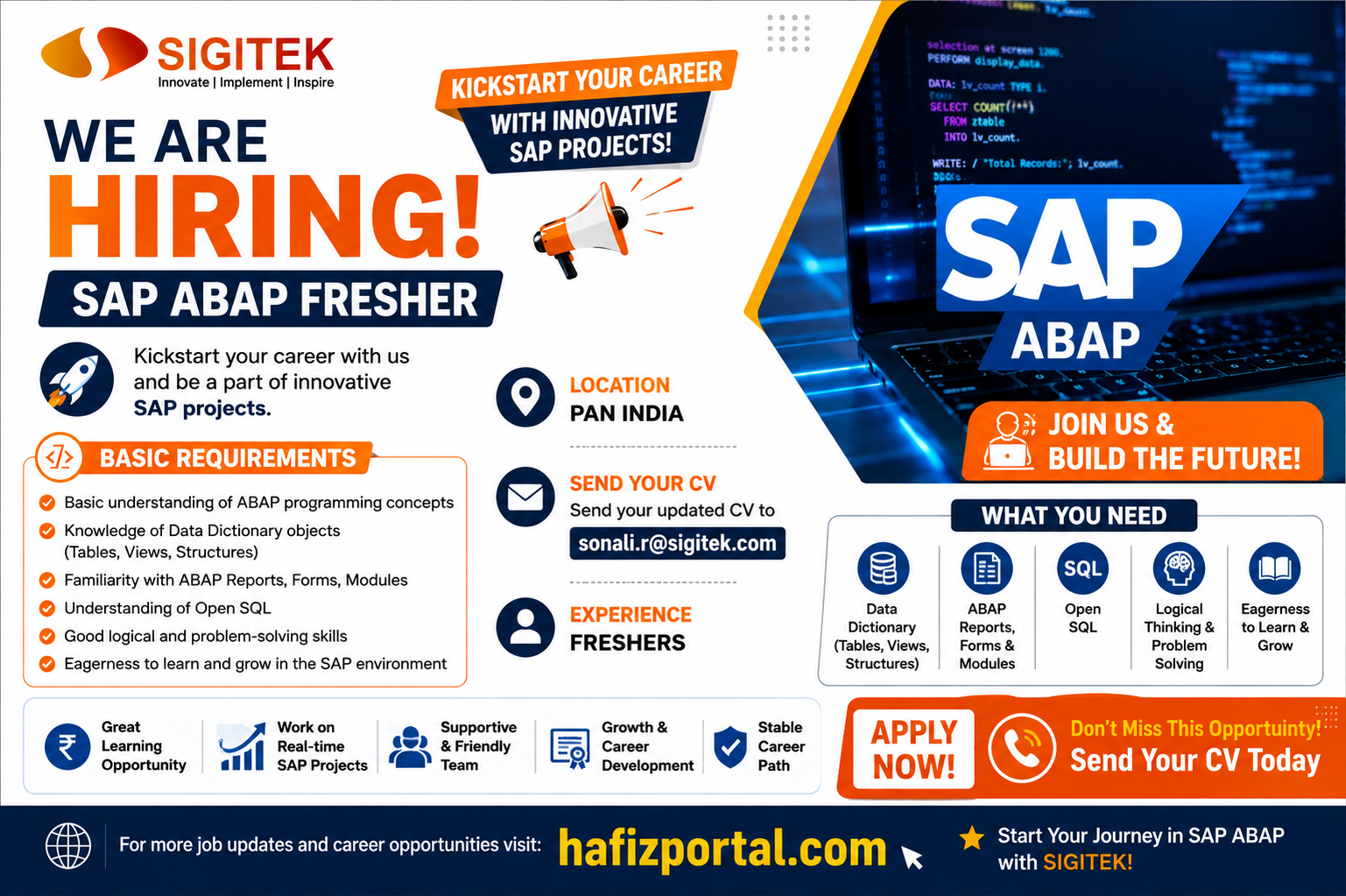 SIGITEK SAP ABAP Fresher Hiring opportunity for freshers across PAN India with eligibility requirements and CV application details.