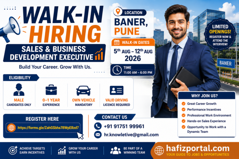 Sales & Business Development Executive Walk-In Hiring 2026 in Pune: Baner Walk-In Interview from 5–12 August