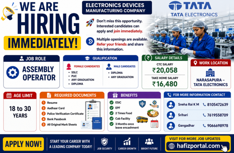 Tata Electronics Assembly Operator Recruitment 2026 – Immediate Hiring for Freshers | Apply Now