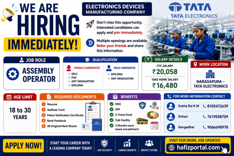 Tata Electronics Assembly Operator Recruitment 2026 – Immediate Hiring for Freshers | Apply Now