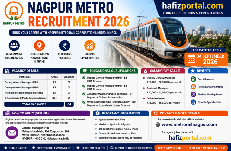 Nagpur Metro Recruitment 2026: Apply Offline for Deputy General Manager, Assistant Manager & Office Assistant Posts