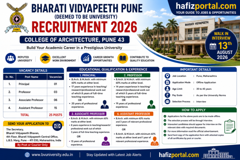 Bharati Vidyapeeth Pune Recruitment 2026: Apply for 25 Principal, Professor, Associate Professor and Assistant Professor Posts