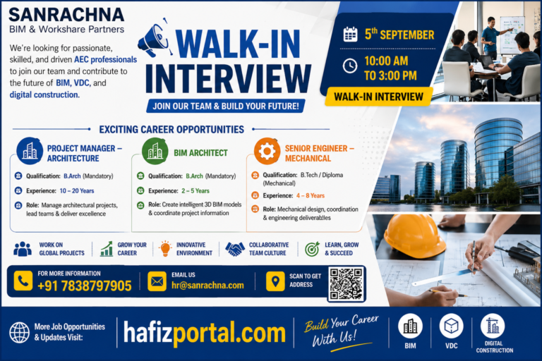 Sanrachna BIM walk-in interview poster for Project Manager Architecture, BIM Architect and Senior Engineer Mechanical positions with experience requirements, interview date, time and contact details.