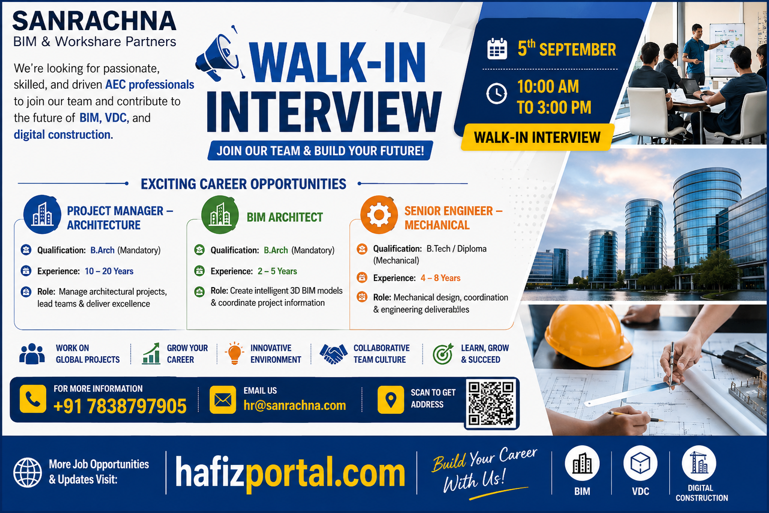 Sanrachna BIM walk-in interview poster for Project Manager Architecture, BIM Architect and Senior Engineer Mechanical positions with experience requirements, interview date, time and contact details.