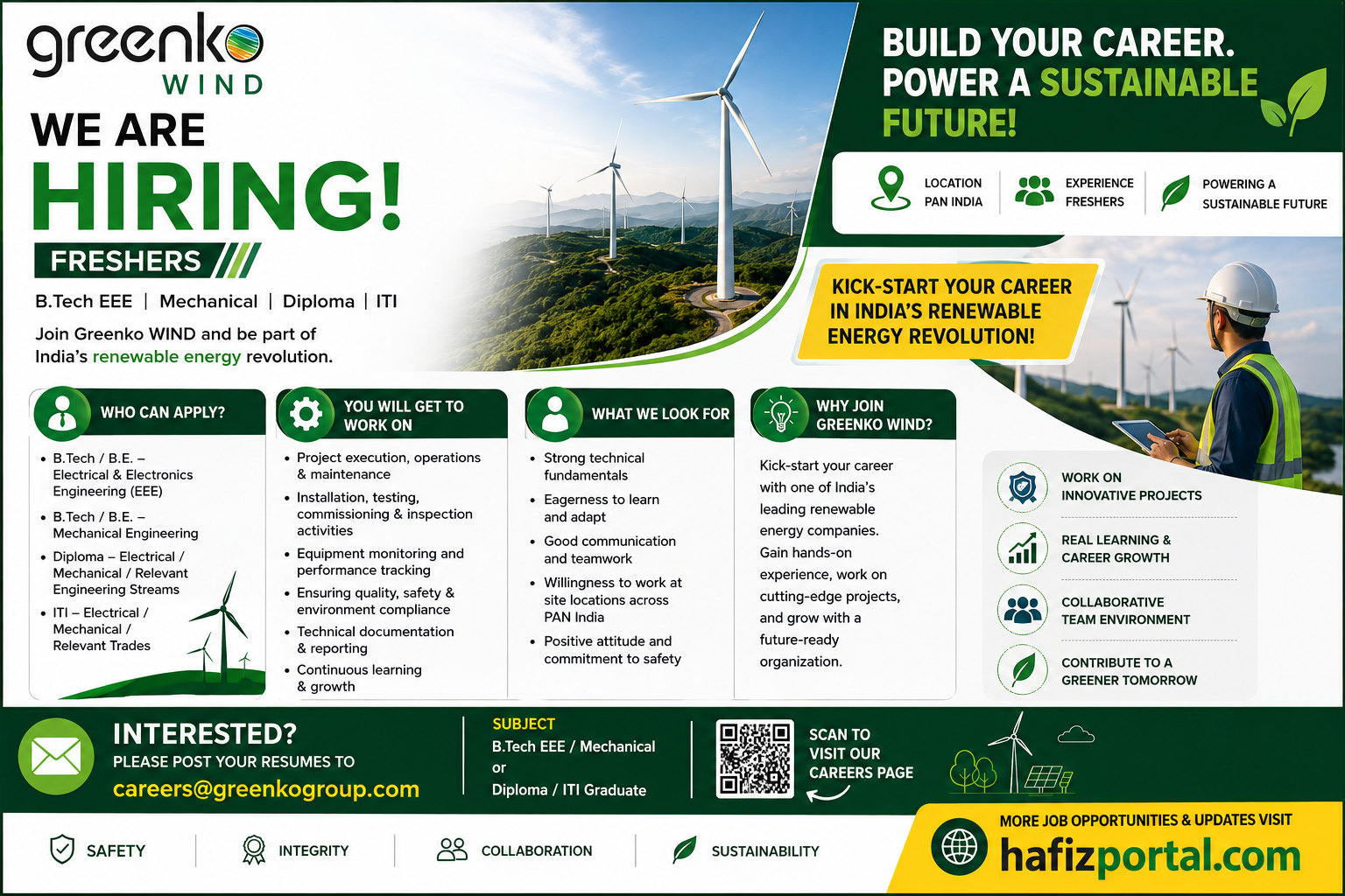 Greenko WIND fresher recruitment poster for B.Tech, Diploma and ITI candidates, highlighting renewable energy career opportunities across India and application details.