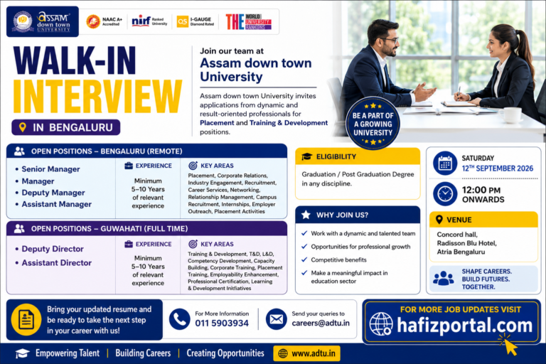 Assam down town University Walk-In Interview recruitment poster for Placement and Training & Development job openings in Bengaluru and Guwahati on 12 September 2026.