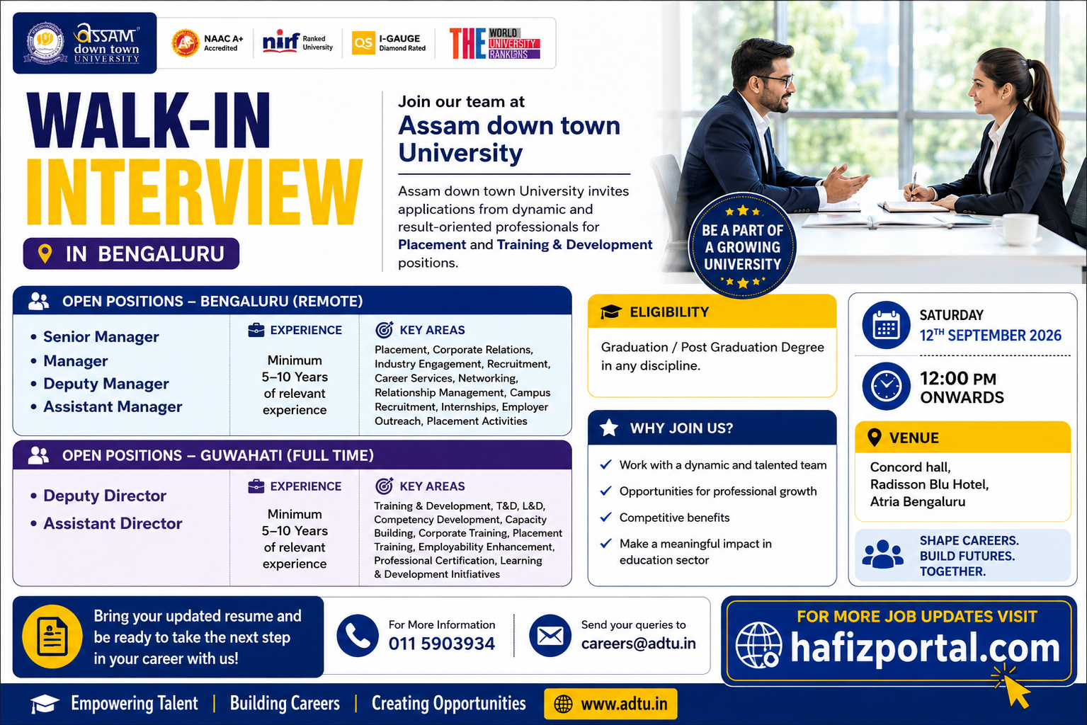 Assam down town University Walk-In Interview recruitment poster for Placement and Training & Development job openings in Bengaluru and Guwahati on 12 September 2026.