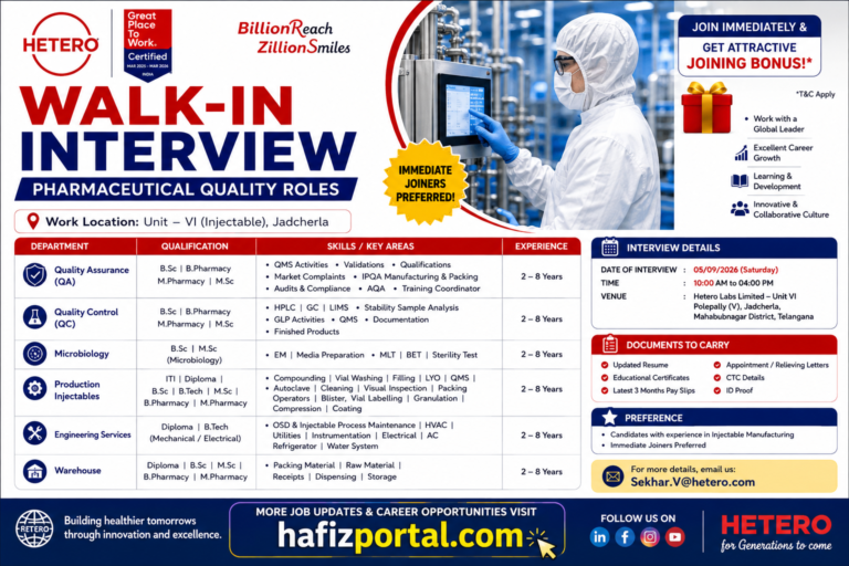 Hetero Labs Walk-In Interview 2026 for Pharma Quality, Production and Engineering Jobs