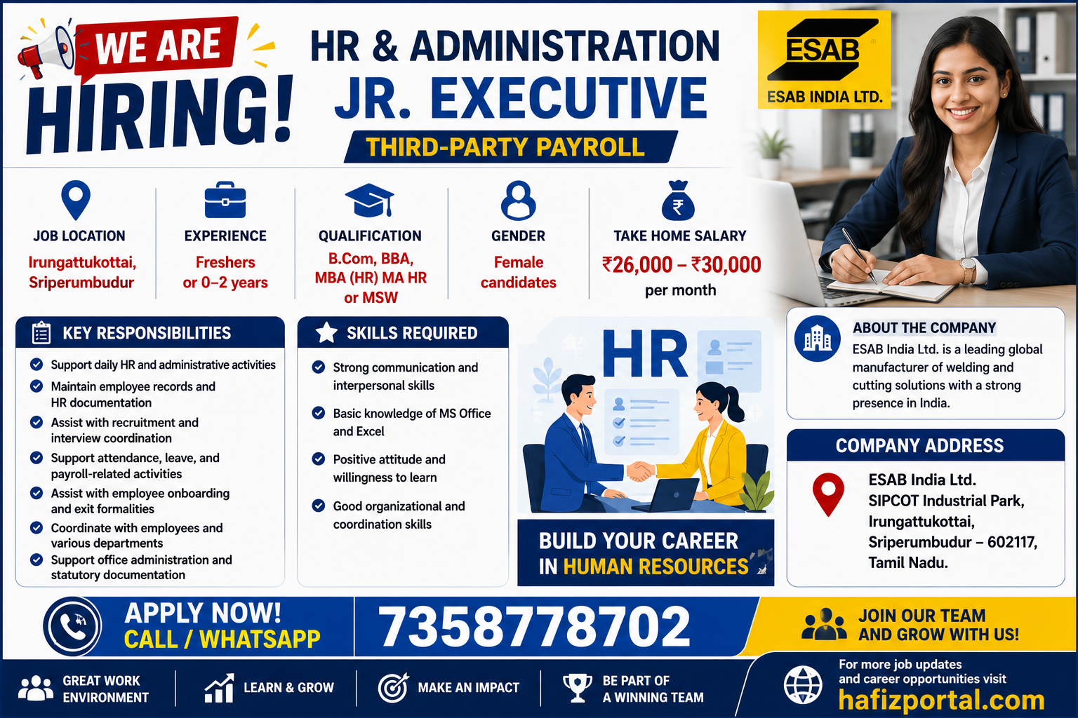 Recruitment poster for HR and Administration Jr Executive jobs at ESAB India Ltd. in Irungattukottai, Sriperumbudur, for female candidates with a salary of ₹26,000 to ₹30,000 per month.