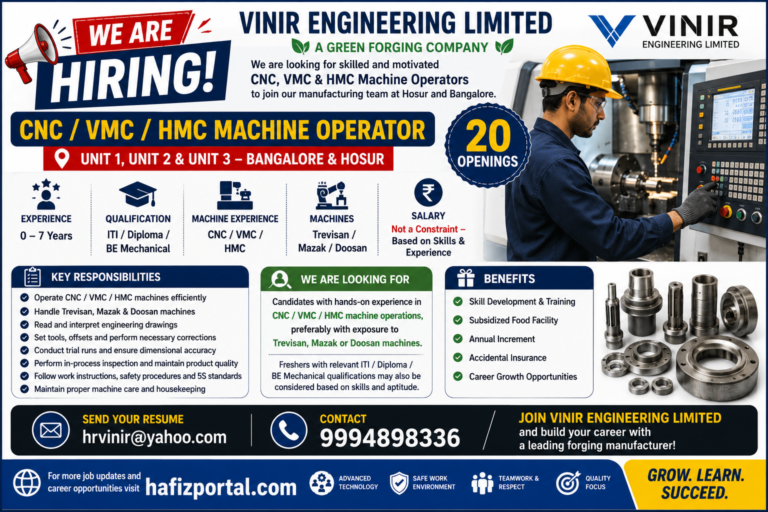 Vinir Engineering Limited hiring poster for CNC, VMC and HMC Machine Operators with 20 openings in Bangalore and Hosur for ITI, Diploma and BE Mechanical candidates with 0 to 7 years of experience.