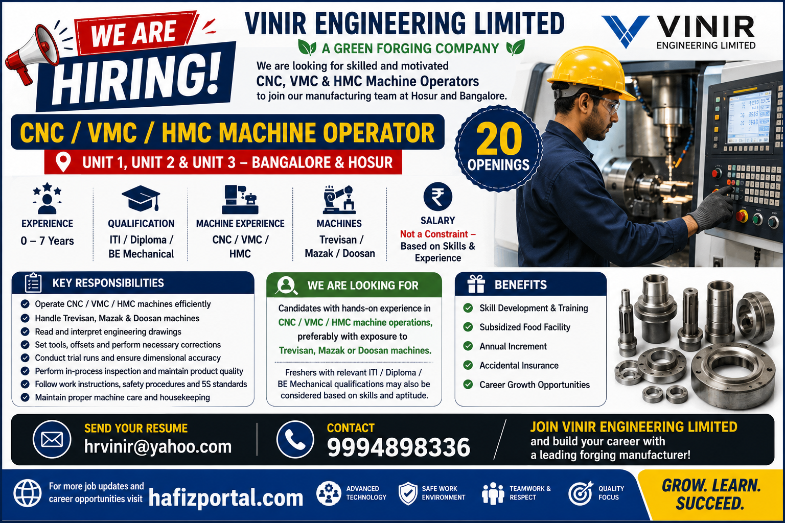Vinir Engineering Limited hiring poster for CNC, VMC and HMC Machine Operators with 20 openings in Bangalore and Hosur for ITI, Diploma and BE Mechanical candidates with 0 to 7 years of experience.