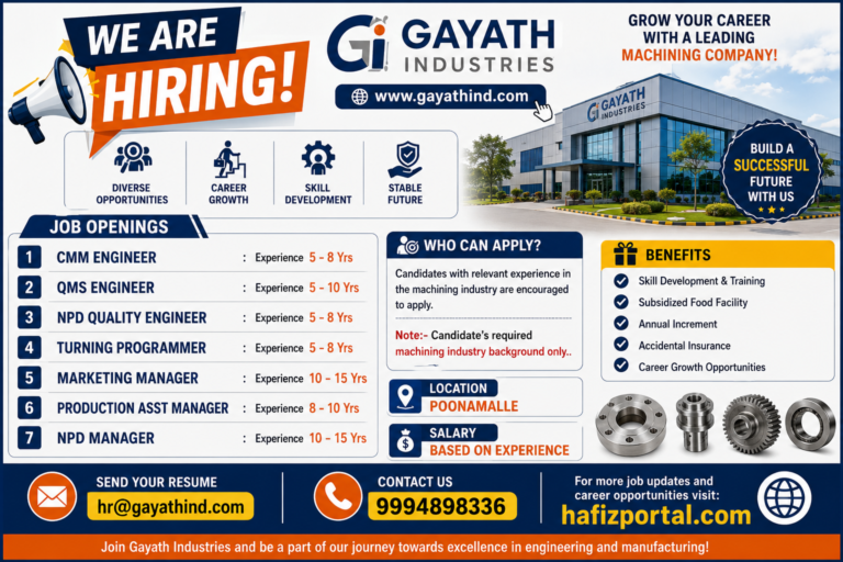 Gayath Industries recruitment poster showing multiple job openings in Poonamalle for experienced machining industry professionals, including CMM Engineer, QMS Engineer, NPD Quality Engineer, Turning Programmer, Marketing Manager, Production Assistant Manager and NPD Manager.