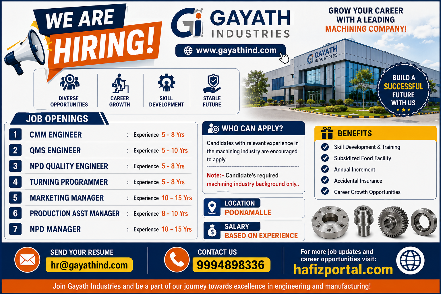 Gayath Industries recruitment poster showing multiple job openings in Poonamalle for experienced machining industry professionals, including CMM Engineer, QMS Engineer, NPD Quality Engineer, Turning Programmer, Marketing Manager, Production Assistant Manager and NPD Manager.