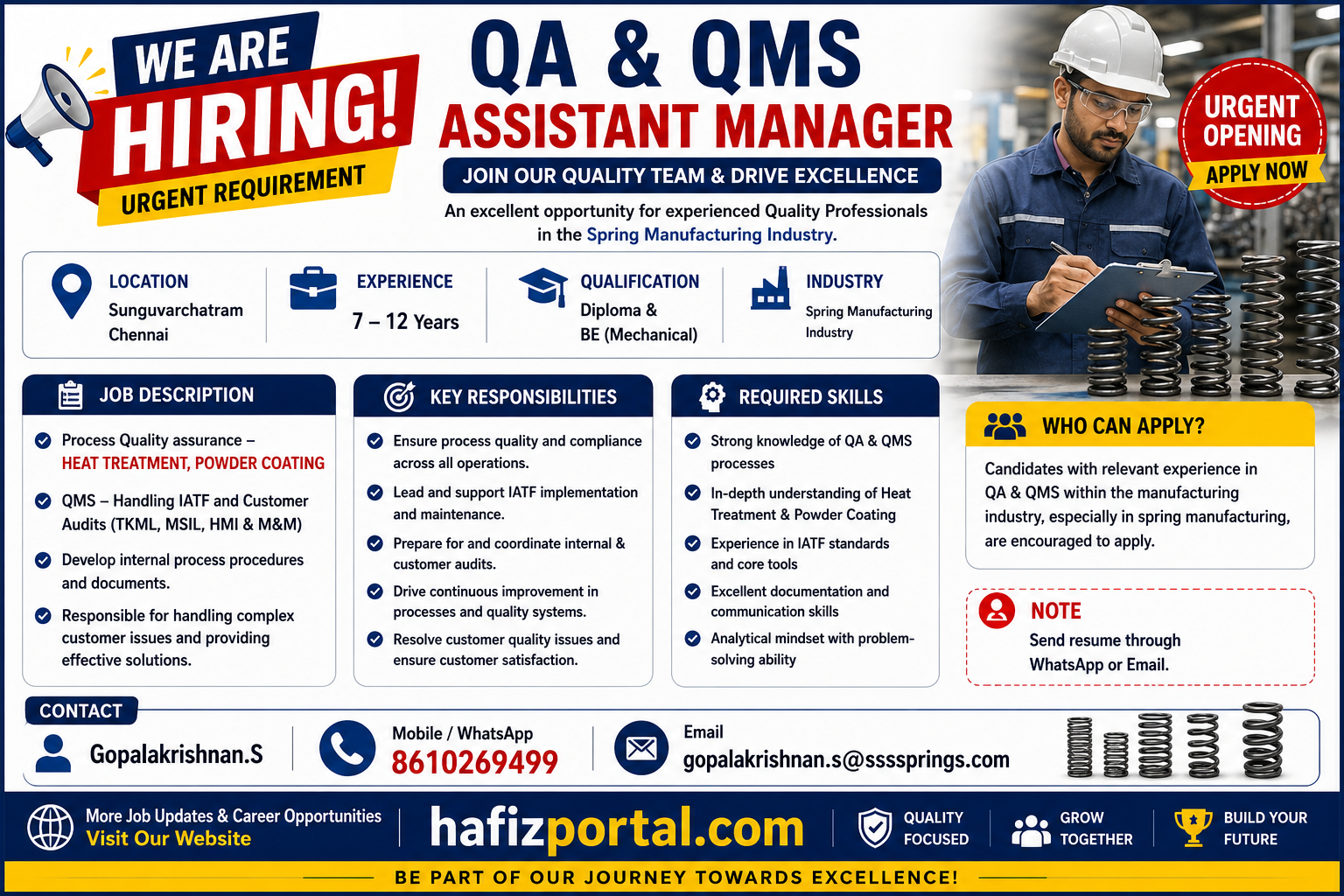 QA & QMS Assistant Manager job vacancy in Sunguvarchatram, Chennai for Diploma or BE Mechanical candidates with 7 to 12 years of experience in spring manufacturing, IATF audits, heat treatment and powder coating.