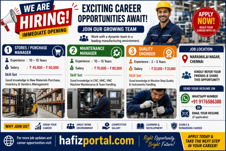 Immediate job openings in Maraimalai Nagar, Chennai for Stores Purchase Manager, Maintenance Manager and Quality Engineer positions with experience and salary details.